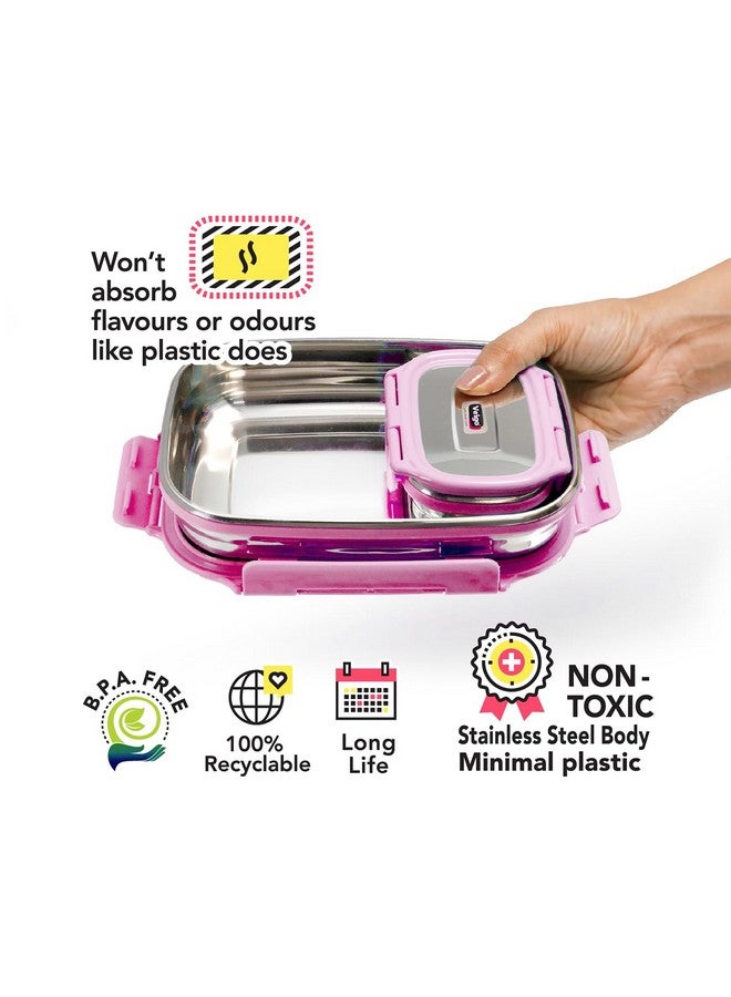 Veigo Steel Lunch Boxes for Office Men, Tiffin Box for Office Men, Lunch Box for Kids, Jumbo 950 ml, 180 ml Veg Box | Detachable Clips | Leakproof & Airtight | Durable Stainless Steel Lid | Pink - Image 3