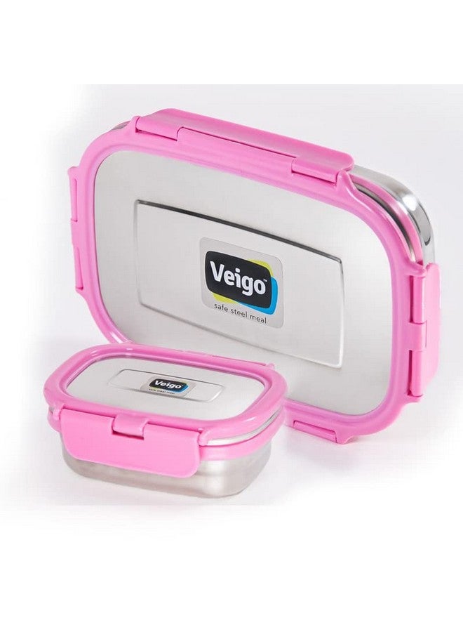 Veigo Steel Lunch Boxes for Office Men, Tiffin Box for Office Men, Lunch Box for Kids, Jumbo 950 ml, 180 ml Veg Box | Detachable Clips | Leakproof & Airtight | Durable Stainless Steel Lid | Pink - Image 1