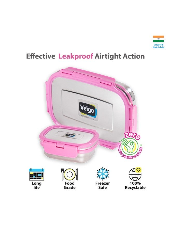 Veigo Steel Lunch Boxes for Office Men, Tiffin Box for Office Men, Lunch Box for Kids, Jumbo 950 ml, 180 ml Veg Box | Detachable Clips | Leakproof & Airtight | Durable Stainless Steel Lid | Pink - Image 2
