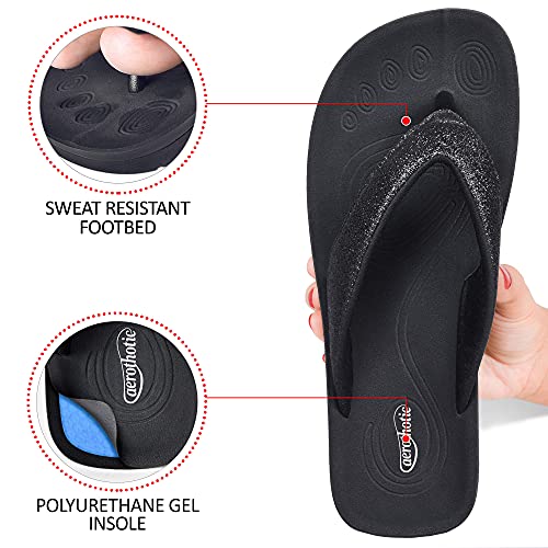 AEROTHOTIC Slip On Recovery Footwear Plantar Fasciitis Flip Flops for Women Yoga Mat Outdoor Walking Beach Ladies Arch Support Summer Thong Dressy Casual Sandals (Crystal Black, size 11) - Image 5