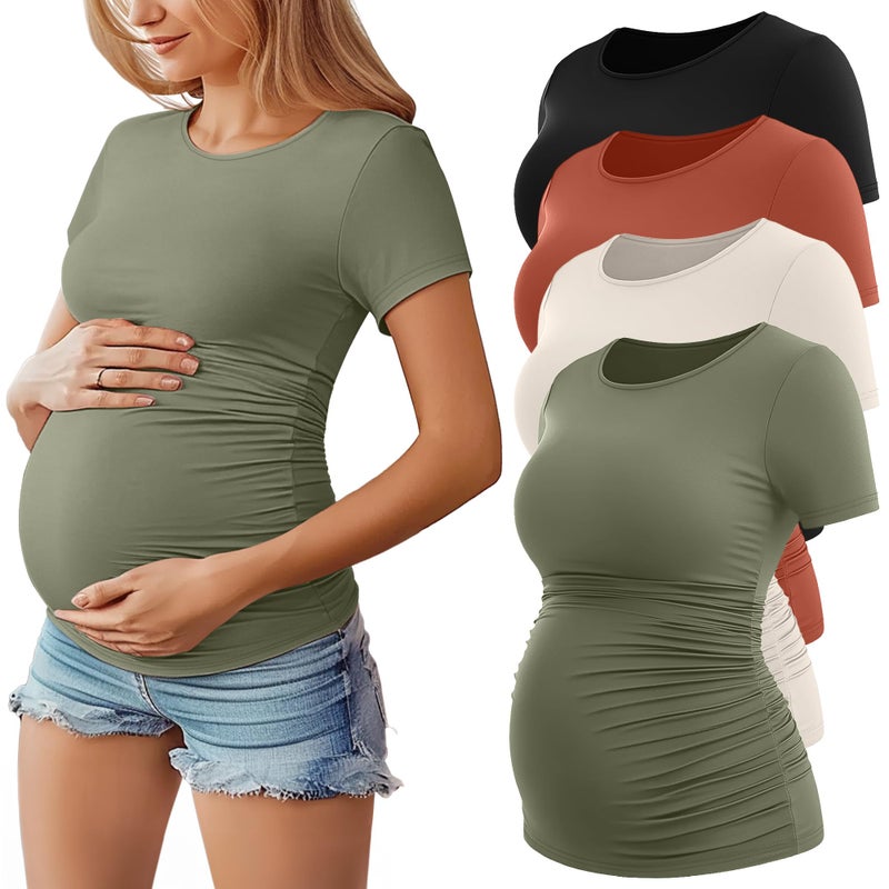 Huukeay 4 Pack Womens Maternity Shirts Crew Neck Maternity Top Short Sleeve Casual Cotton Tee Side Ruched Pregnancy ClothesArmy Green Cream Pumpkin BlackMedium - Image 2