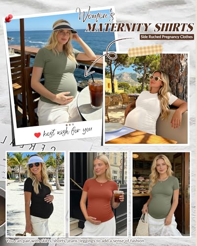 Huukeay 4 Pack Womens Maternity Shirts Crew Neck Maternity Top Short Sleeve Casual Cotton Tee Side Ruched Pregnancy ClothesArmy Green Cream Pumpkin BlackMedium - Image 3