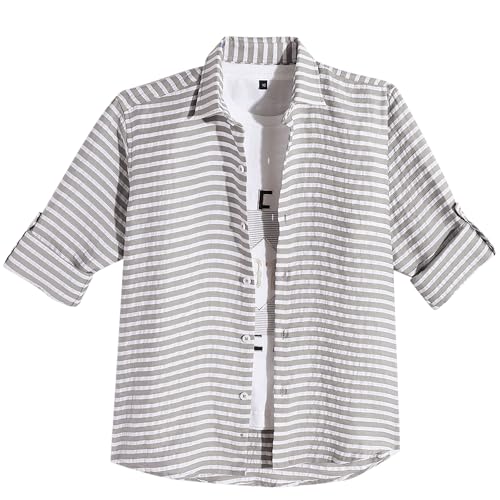 CAVIO Boys Cotton Full Sleeves Striped Pattern Casual Shirt & T-Shirt Grey - Image 1