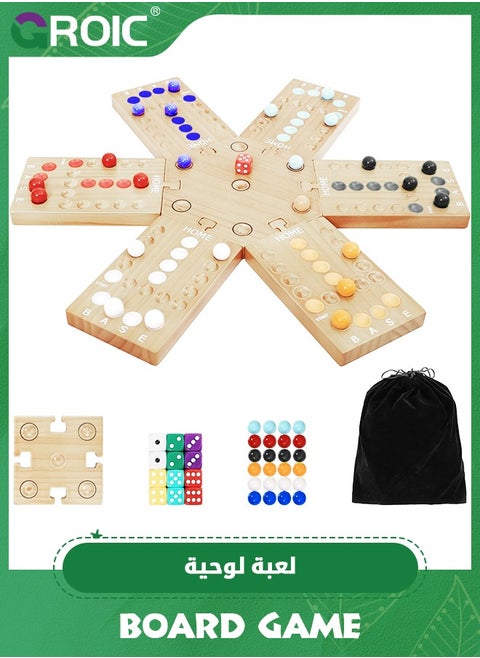 Marble Board Game,Ludo Board Game, Fast Track Game,Wooden Board Game for 4 and 6 Players, Portable Original Marble Game with 24 Marbles 12 Dice for Family Friends Party Game