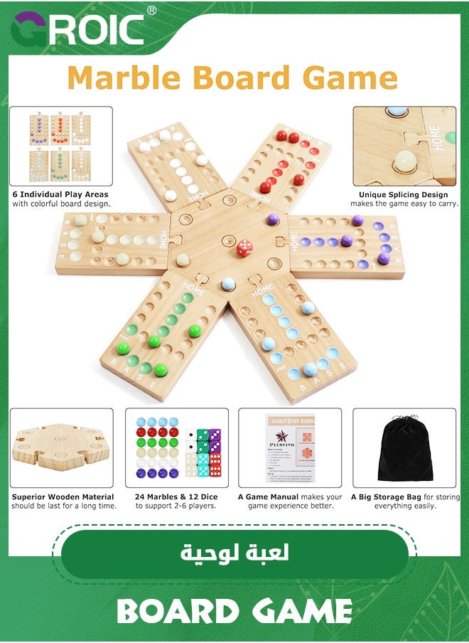 GROIC - Marble Board Game,Ludo Board Game, Fast Track Game,Wooden Board Game for 4 and 6 Players, Portable Original Marble Game with 24 Marbles 12 Dice for Family Friends Party Game - Image 1