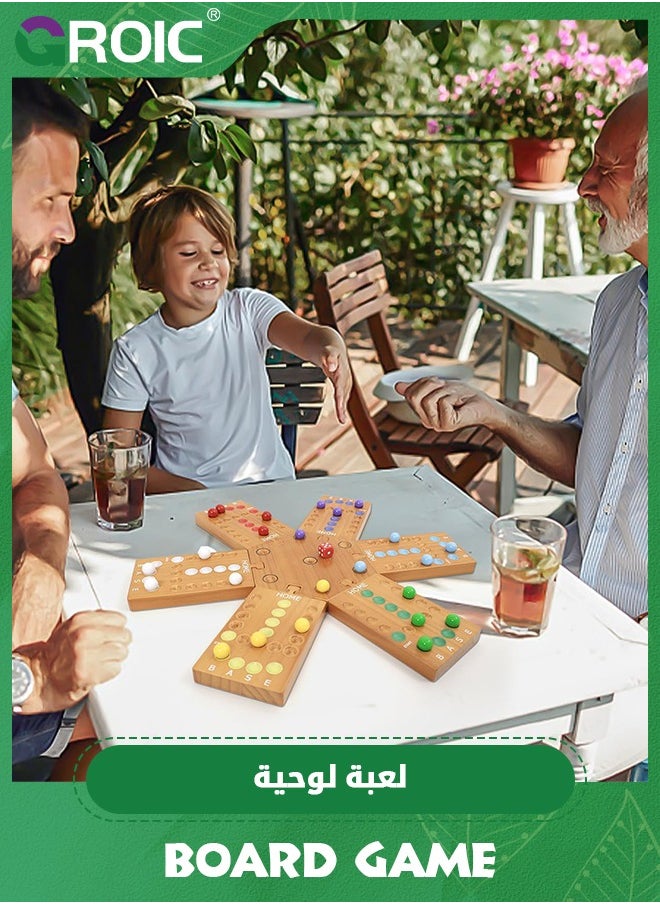 GROIC - Marble Board Game,Ludo Board Game, Fast Track Game,Wooden Board Game for 4 and 6 Players, Portable Original Marble Game with 24 Marbles 12 Dice for Family Friends Party Game - Image 1