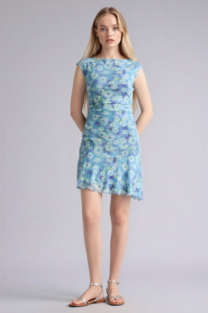 DeFacto Blue Woman Crew Neck Floral Tulle Mini Dress Casual - Image 2