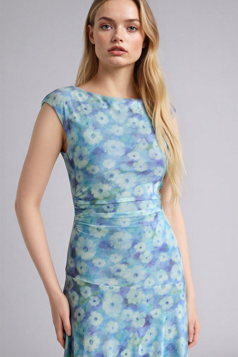 DeFacto Blue Woman Crew Neck Floral Tulle Mini Dress Casual - Image 4
