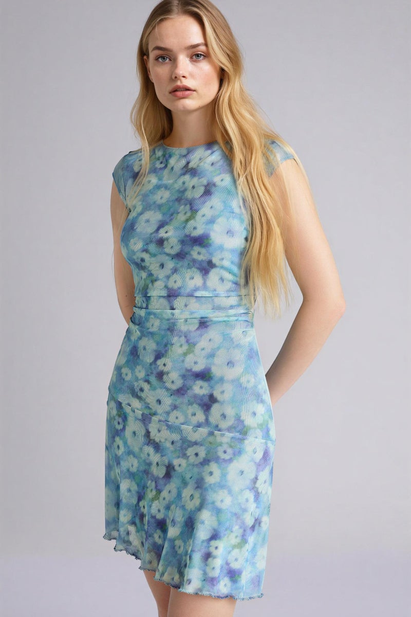 DeFacto Blue Woman Crew Neck Floral Tulle Mini Dress Casual - Image 3