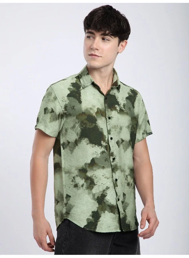 Beyoung Olive Tie and Dye Printed Shirt