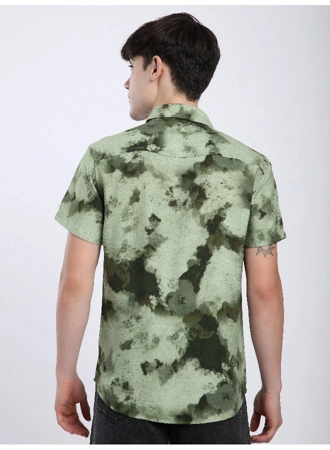 Beyoung Olive Tie and Dye Printed Shirt