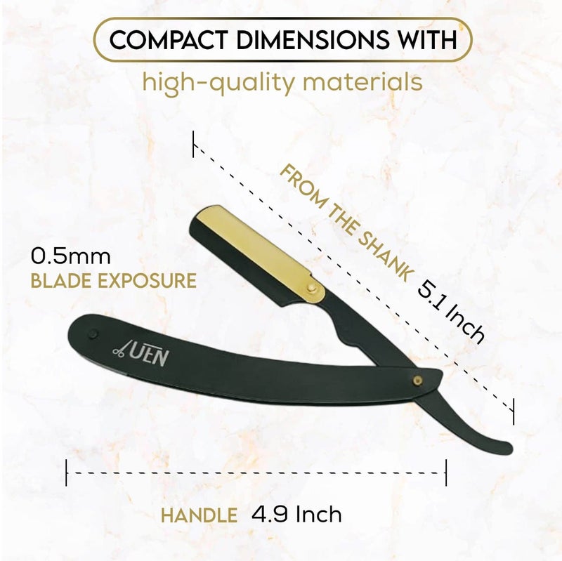 UEN Straight Razors for Men - Professional Barber Cut Throat Edge Razor Kit, Classic Stainless-Steel Barbera Shaver for a Smooth & Precise Shave, Men Gift with Leather Travel Purse-Black & Golden - Image 2