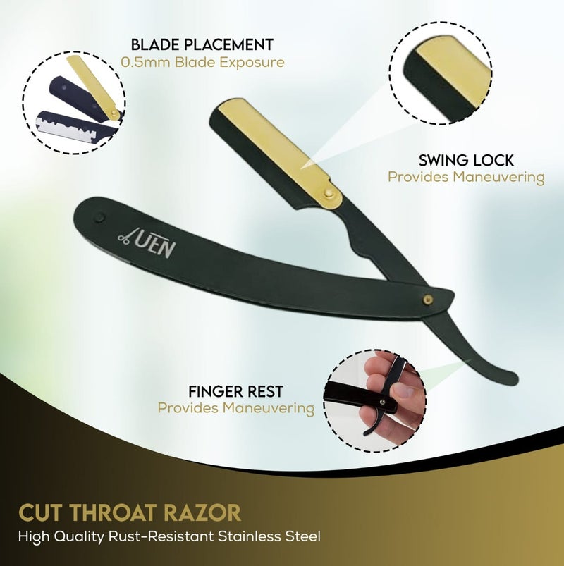 UEN Straight Razors for Men - Professional Barber Cut Throat Edge Razor Kit, Classic Stainless-Steel Barbera Shaver for a Smooth & Precise Shave, Men Gift with Leather Travel Purse-Black & Golden - Image 3