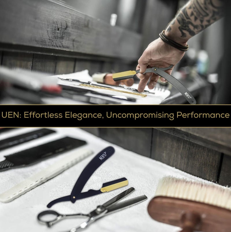 UEN Straight Razors for Men - Professional Barber Cut Throat Edge Razor Kit, Classic Stainless-Steel Barbera Shaver for a Smooth & Precise Shave, Men Gift with Leather Travel Purse-Black & Golden - Image 4