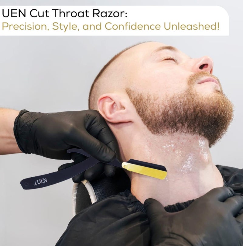 UEN Straight Razors for Men - Professional Barber Cut Throat Edge Razor Kit, Classic Stainless-Steel Barbera Shaver for a Smooth & Precise Shave, Men Gift with Leather Travel Purse-Black & Golden - Image 5