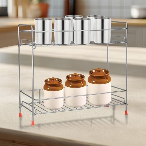 Zepdos Stainless Steel 2-Tier Kitchen Rack and Organizer Spice Rack for Kitchen, Spice Rack and Container Organizer Counter top Pantry Stand, Spices Jar Holder Cup Glass, Dish Rack, 2 Layer Rack - Image 3