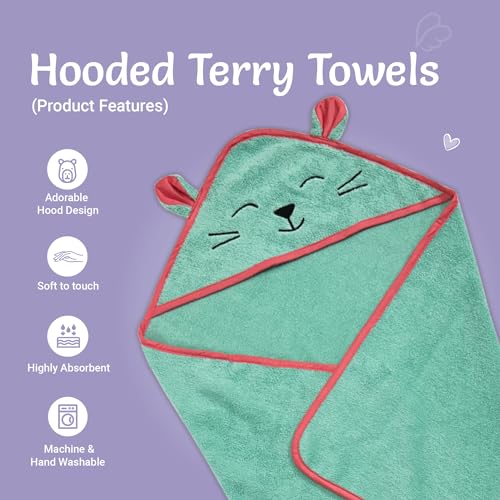 Kridlo 100% Cotton Terry Baby Hooded Towel for Newborn, Super Soft & Absorbent GSM-550 Bath Towel, 70x70cm, 0-2 Years (Pack of 1, Minty Green Cat) - Image 5