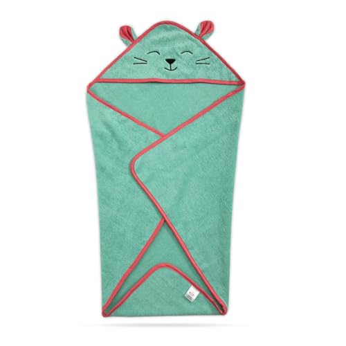 Kridlo 100% Cotton Terry Baby Hooded Towel for Newborn, Super Soft & Absorbent GSM-550 Bath Towel, 70x70cm, 0-2 Years (Pack of 1, Minty Green Cat) - Image 3