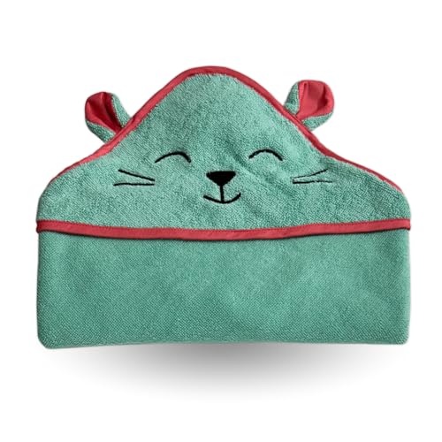 Kridlo 100% Cotton Terry Baby Hooded Towel for Newborn, Super Soft & Absorbent GSM-550 Bath Towel, 70x70cm, 0-2 Years (Pack of 1, Minty Green Cat) - Image 1