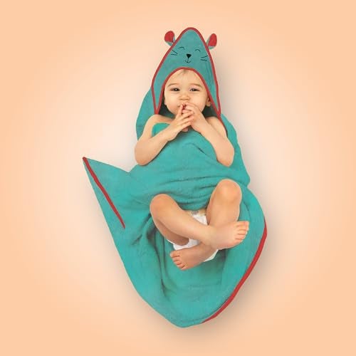 Kridlo 100% Cotton Terry Baby Hooded Towel for Newborn, Super Soft & Absorbent GSM-550 Bath Towel, 70x70cm, 0-2 Years (Pack of 1, Minty Green Cat) - Image 2