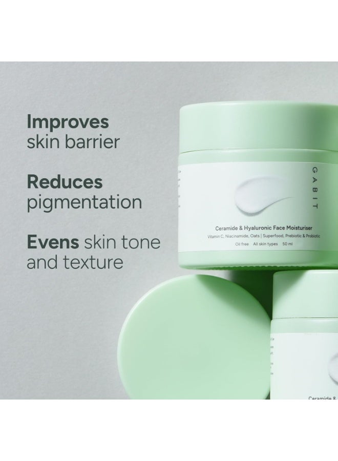 GABIT Ceramide & Hyaluronic Face Moisturiser | Lightweight Moisturizer to Hydrate & Brighten Skin | With Vitamin C, Niacinamide, Oats | For Women and Men | Oil Free for All Skin Types | 50ml - Image 4
