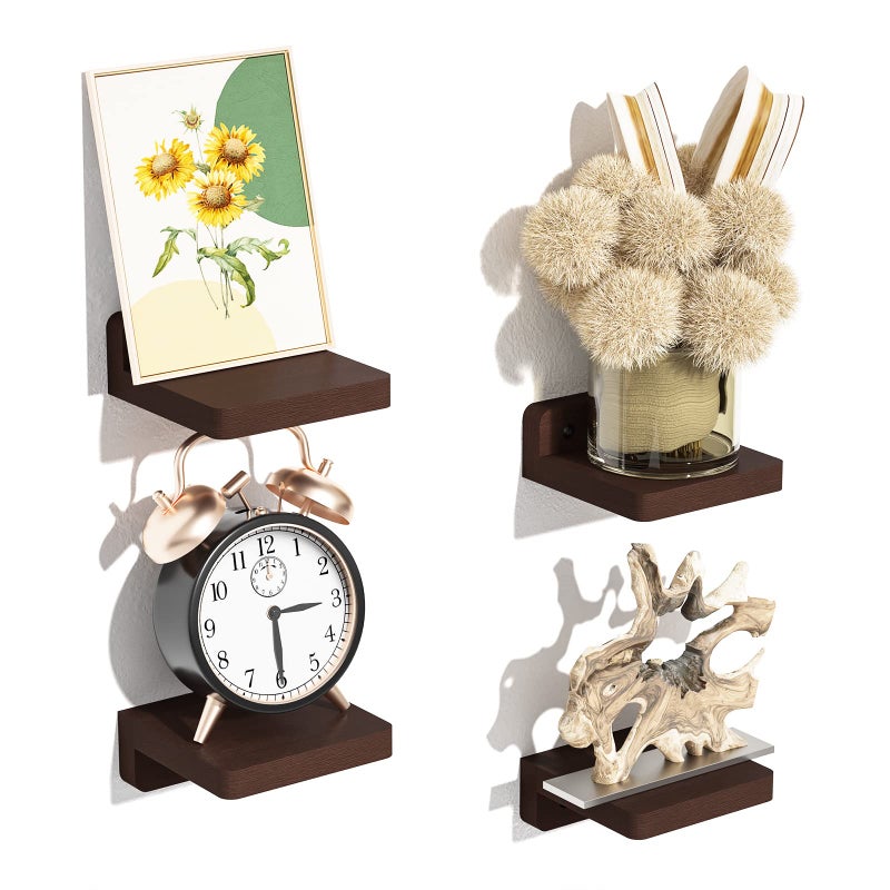 SRIWATANA Small Floating Shelves Wall Mounted Wood Shelf for Decoration and Storage Set of 4 Mini Display Shelf for Bedroom Bathroom Kitchen Office Walnut 4 inch - Image 2