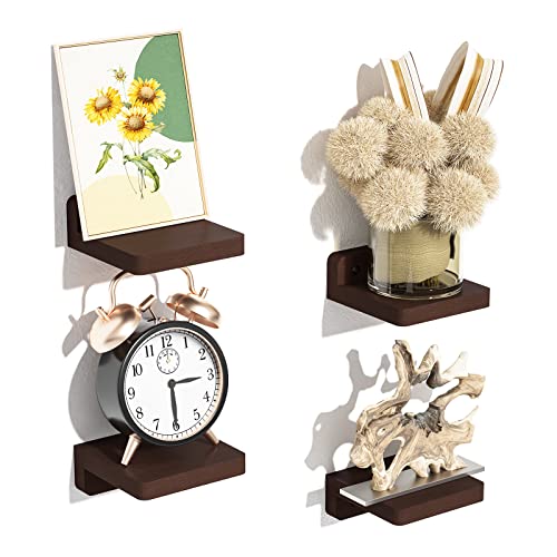 SRIWATANA Small Floating Shelves Wall Mounted Wood Shelf for Decoration and Storage Set of 4 Mini Display Shelf for Bedroom Bathroom Kitchen Office Walnut 4 inch - Image 1