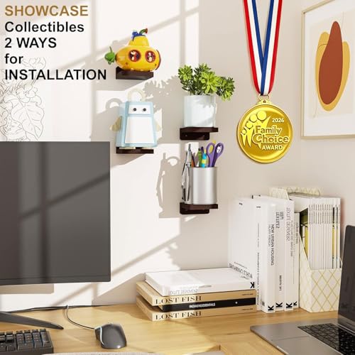 SRIWATANA Small Floating Shelves Wall Mounted Wood Shelf for Decoration and Storage Set of 4 Mini Display Shelf for Bedroom Bathroom Kitchen Office Walnut 4 inch - Image 3