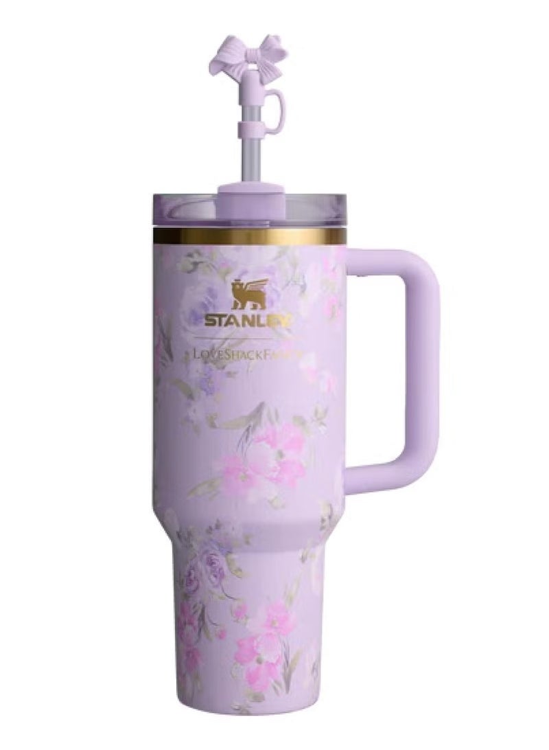 Stanley Love Shack Fancy H2.0 Flow State 40oz Purple Rose Tumbler, Stainless Steel Vacuum Insulated Quencher with Lid, Straw, and Stopper, Ideal for Water and Iced Tea, Keeps Drinks Cold, Presented in Elegant Gift-Ready Packaging  - Image 1