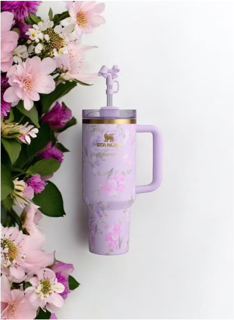 Stanley Love Shack Fancy H2.0 Flow State 40oz Purple Rose Tumbler, Stainless Steel Vacuum Insulated Quencher with Lid, Straw, and Stopper, Ideal for Water and Iced Tea, Keeps Drinks Cold, Presented in Elegant Gift-Ready Packaging  - Image 2