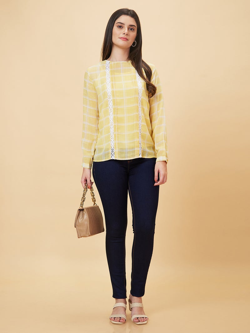 globus Globus Women Yellow Checked Lace Inserts Top  - Image 1