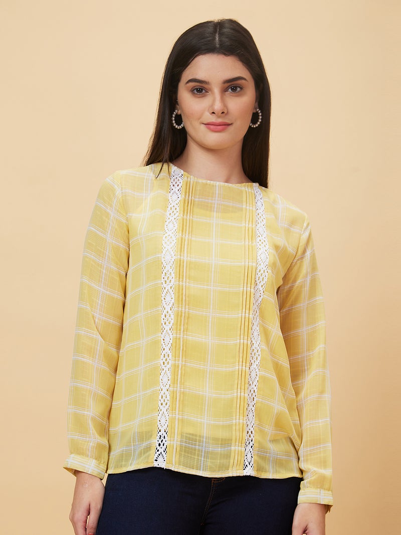 globus Globus Women Yellow Checked Lace Inserts Top  - Image 2