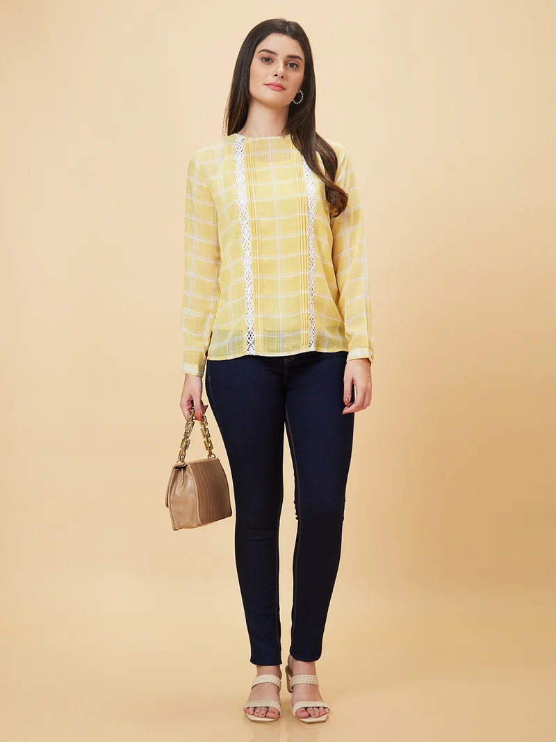 جلو باص بلوزة نسائية جلوبس صفراء كاروهات بأربطة مدخلة