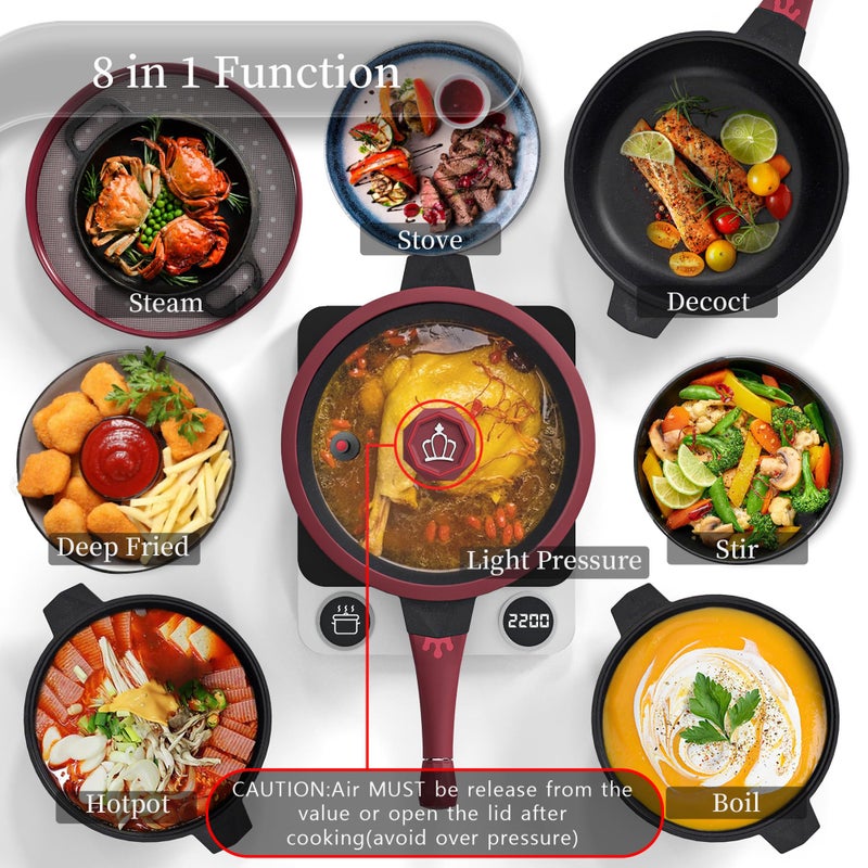 TIBORANG 8 in 1 Multipurpose 11 Inch 5 Quart Heat Indicator Nonstick Deep Frying Pan with Glass Lid,Stay-cool Handle,Steamed Grid,PFOA-Free,Dishwasher&Oven Safe,Works with All Stovetops(Ruby Red) - Image 2