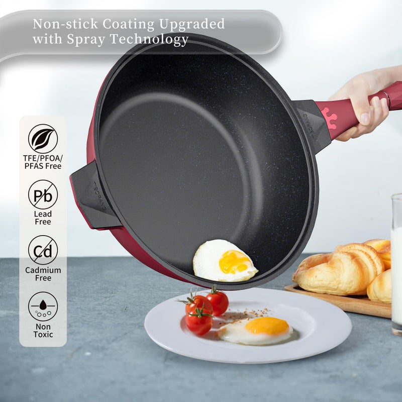 TIBORANG 8 in 1 Multipurpose 11 Inch 5 Quart Heat Indicator Nonstick Deep Frying Pan with Glass Lid,Stay-cool Handle,Steamed Grid,PFOA-Free,Dishwasher&Oven Safe,Works with All Stovetops(Ruby Red) - Image 4