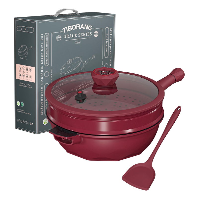 TIBORANG 8 in 1 Multipurpose 11 Inch 5 Quart Heat Indicator Nonstick Deep Frying Pan with Glass Lid,Stay-cool Handle,Steamed Grid,PFOA-Free,Dishwasher&Oven Safe,Works with All Stovetops(Ruby Red) - Image 1