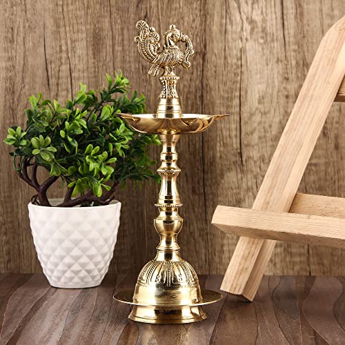 Dokchan Arts Brass Embossed Diya Traditional Peacock Kuthu vilakku/Mahabharat Diya/Inauguration Lamp for Temples Pooja, Festival Gifts & Home Decor (Golden | 8 Inch) (Pack of 02) - Image 2
