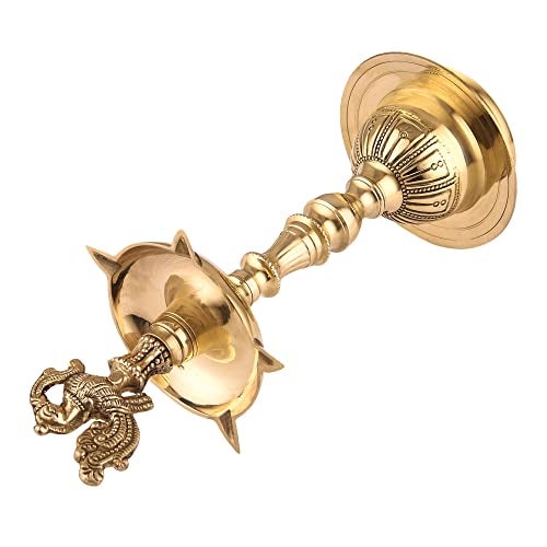 Dokchan Arts Brass Embossed Diya Traditional Peacock Kuthu vilakku/Mahabharat Diya/Inauguration Lamp for Temples Pooja, Festival Gifts & Home Decor (Golden | 8 Inch) (Pack of 02) - Image 5