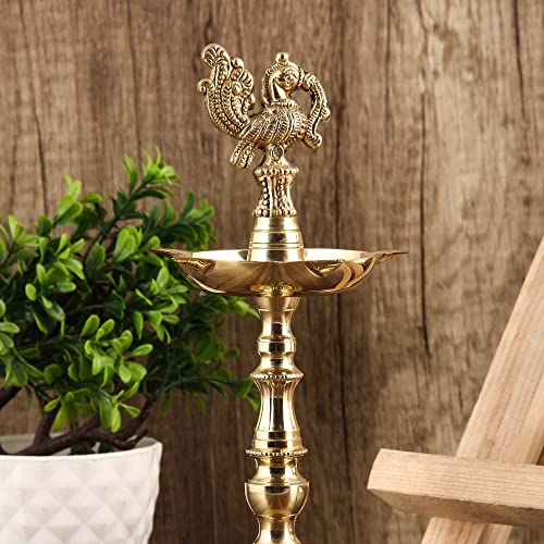 Dokchan Arts Brass Embossed Diya Traditional Peacock Kuthu vilakku/Mahabharat Diya/Inauguration Lamp for Temples Pooja, Festival Gifts & Home Decor (Golden | 8 Inch) (Pack of 02) - Image 3
