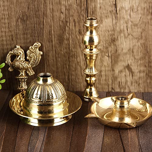 Dokchan Arts Brass Embossed Diya Traditional Peacock Kuthu vilakku/Mahabharat Diya/Inauguration Lamp for Temples Pooja, Festival Gifts & Home Decor (Golden | 8 Inch) (Pack of 02) - Image 4