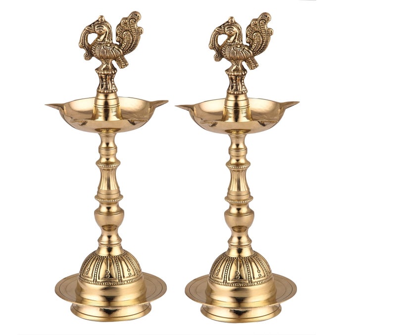 Dokchan Arts Brass Embossed Diya Traditional Peacock Kuthu vilakku/Mahabharat Diya/Inauguration Lamp for Temples Pooja, Festival Gifts & Home Decor (Golden | 8 Inch) (Pack of 02) - Image 1