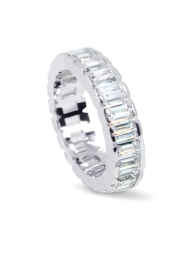 Savlano 18K White Gold Plated Cubic Zirconia 4x6MM Emerald Cut Eternity Ring Band for Women Men (5) - Image 2