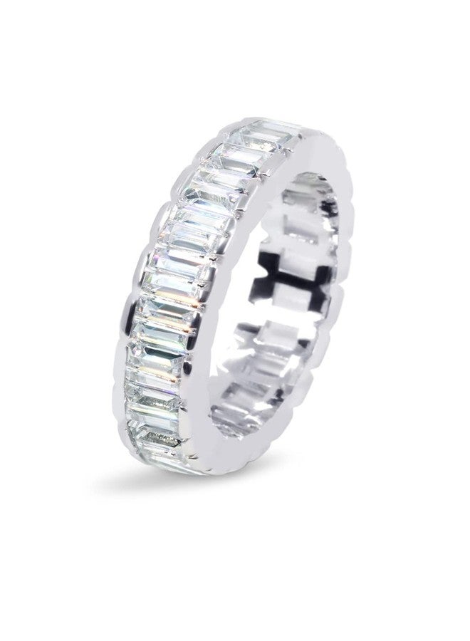 Savlano 18K White Gold Plated Cubic Zirconia 4x6MM Emerald Cut Eternity Ring Band for Women Men (5) - Image 1