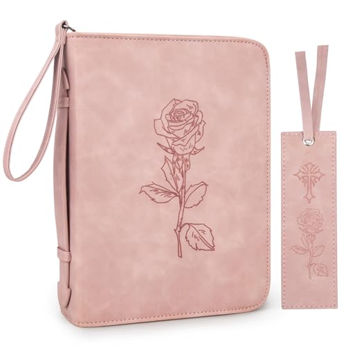 CITYCHASE Bible Cover for Women - Leather Study Case with Bookmark, Supplies Carrying Bag Tote with Strap, Personalized Book Organizer for Journaling - Pink - Image 1