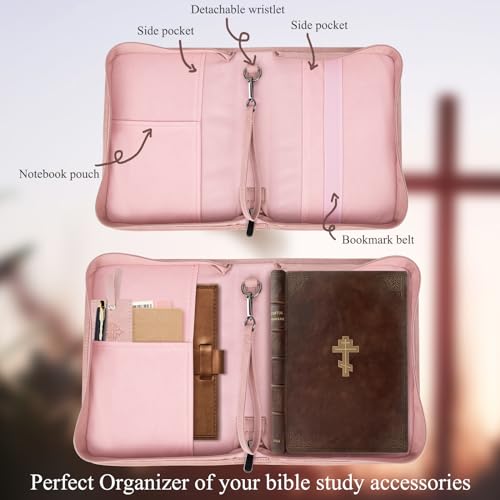 CITYCHASE Bible Cover for Women - Leather Study Case with Bookmark, Supplies Carrying Bag Tote with Strap, Personalized Book Organizer for Journaling - Pink - Image 2