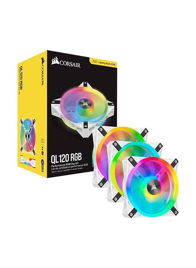 CORSAIR iCUE QL120 RGB 120mm PWM Case Fan Triple Fan Kit, 34 Individually Addressable RGB LEDs per Fan, 1500 RPM, 41.8 CFM Airflow, 1.55 mm-H2O Static Pressure, 26 dBA Noise Level, Includes Lighting Node CORE for iCUE Software Control, White | CO-9050104-WW - Image 3