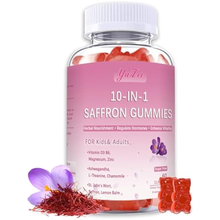 Yalei Saffron Supplements Gummies for Kids & Adults,Sugar Free,with Ashwagandha,L-Theanine,Chamomile,St. John's Wort,Lemon Balm,Vitamin D3 B6, Magnesium,Zinc Gummies for Zzz, Mood, Focus & Vision 60 Cnt - Image 1