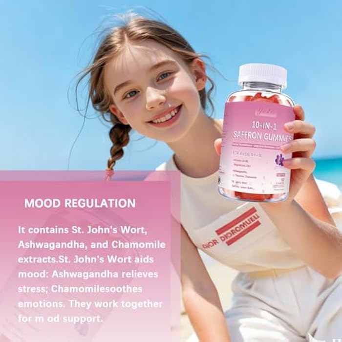 Yalei Saffron Supplements Gummies for Kids & Adults,Sugar Free,with Ashwagandha,L-Theanine,Chamomile,St. John's Wort,Lemon Balm,Vitamin D3 B6, Magnesium,Zinc Gummies for Zzz, Mood, Focus & Vision 60 Cnt - Image 2