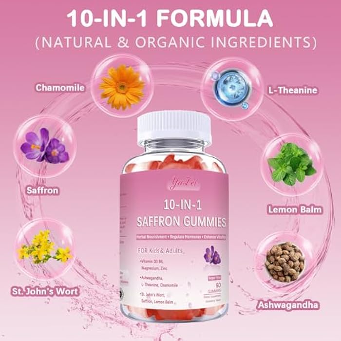 Yalei Saffron Supplements Gummies for Kids & Adults,Sugar Free,with Ashwagandha,L-Theanine,Chamomile,St. John's Wort,Lemon Balm,Vitamin D3 B6, Magnesium,Zinc Gummies for Zzz, Mood, Focus & Vision 60 Cnt - Image 5