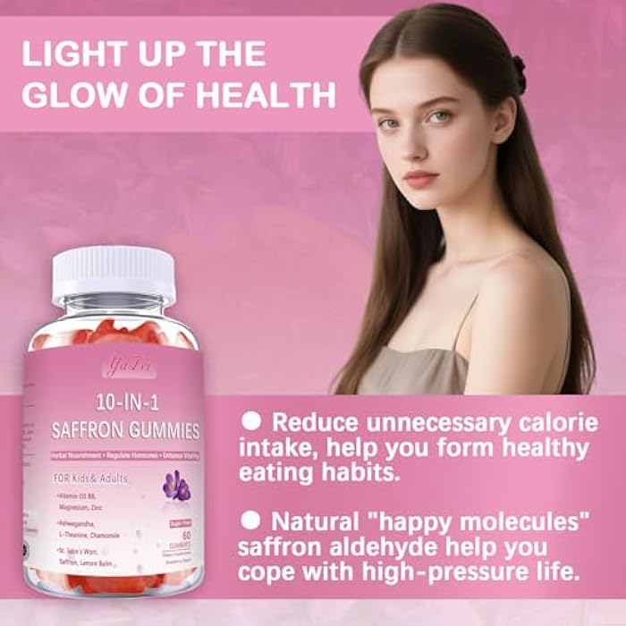 Yalei Saffron Supplements Gummies for Kids & Adults,Sugar Free,with Ashwagandha,L-Theanine,Chamomile,St. John's Wort,Lemon Balm,Vitamin D3 B6, Magnesium,Zinc Gummies for Zzz, Mood, Focus & Vision 60 Cnt - Image 4